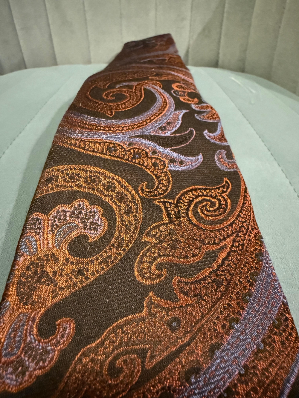 Ike Behar Brown Tie with Copper and Silver Paisley